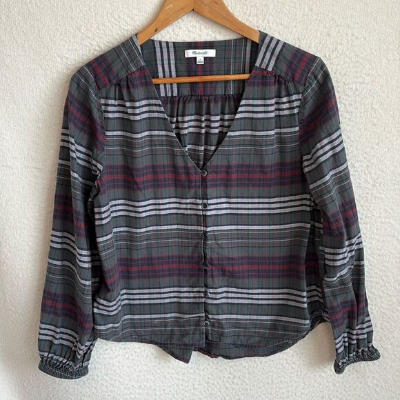 Madewell Tops - Madewell Shirt Womens Large Stripe V Neck Green Red Grey